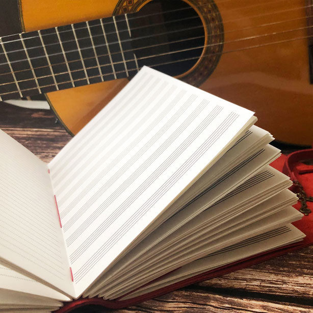 Open music book with a guitar in the background on a wooden surface
