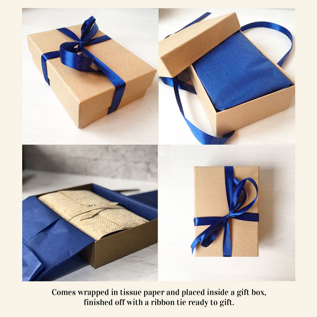 Collage of a gift box with blue ribbon and tissue paper on a white background