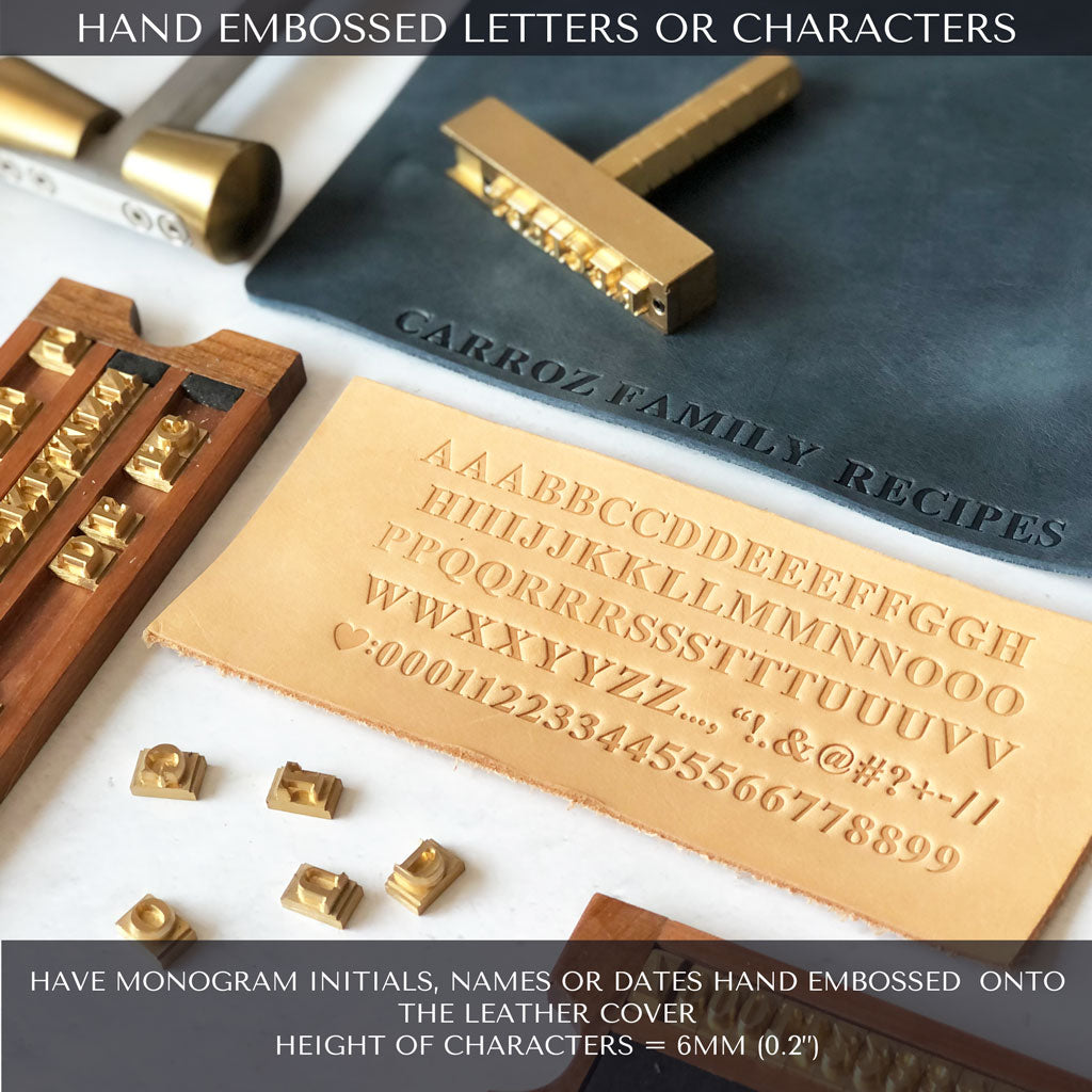 Hand embossed leather journal cover showing available characters