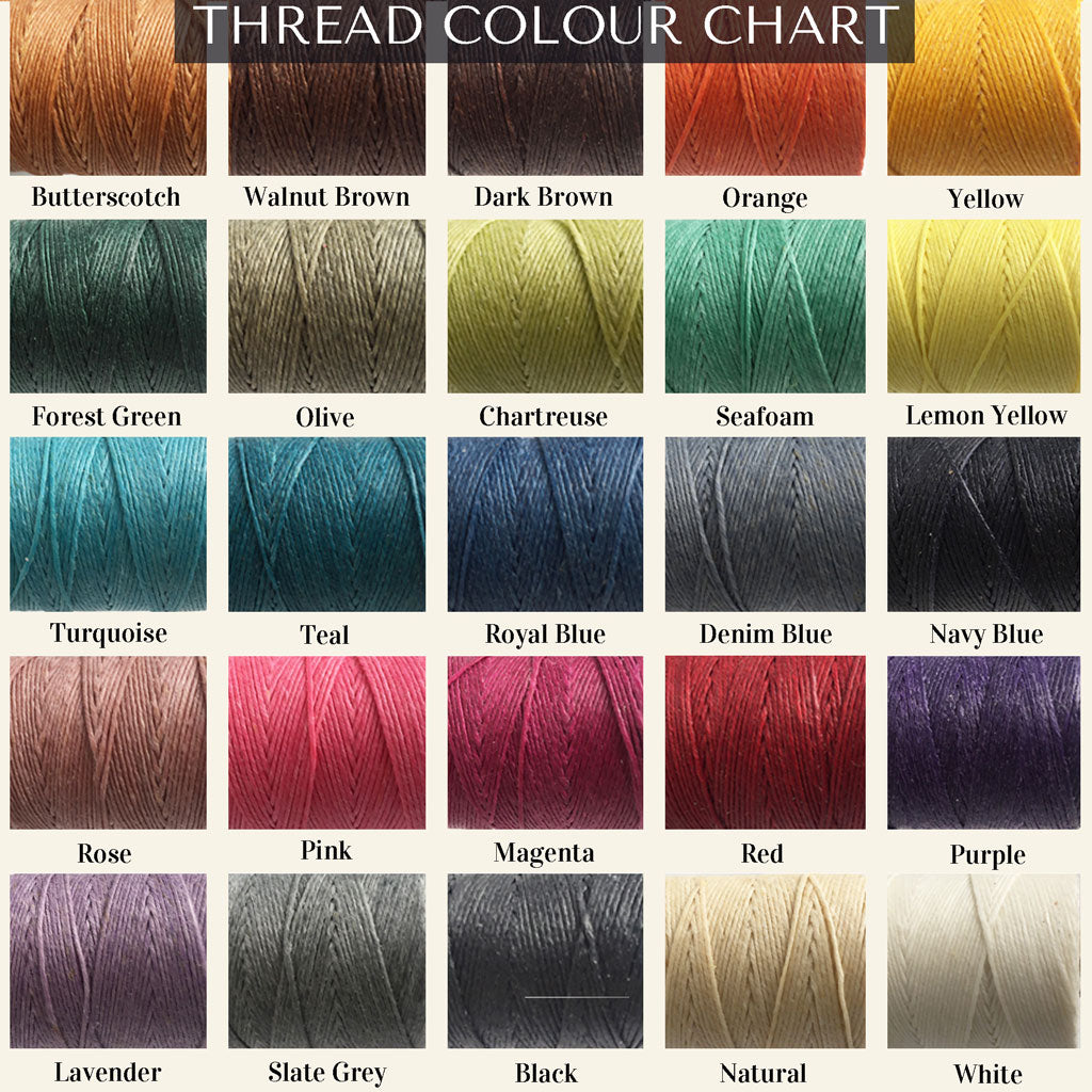 Thread color chart with various colors of thread displayed in rows.