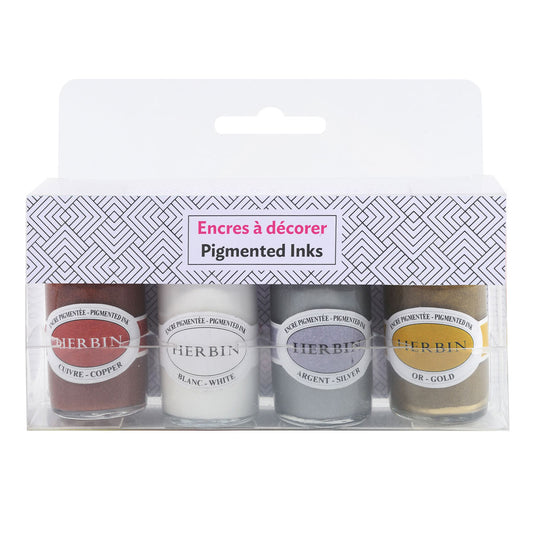 Set of 4 J Herbin Metallic Pigmented Inks | 15ml Bottles | White, Copper, Gold, Silver