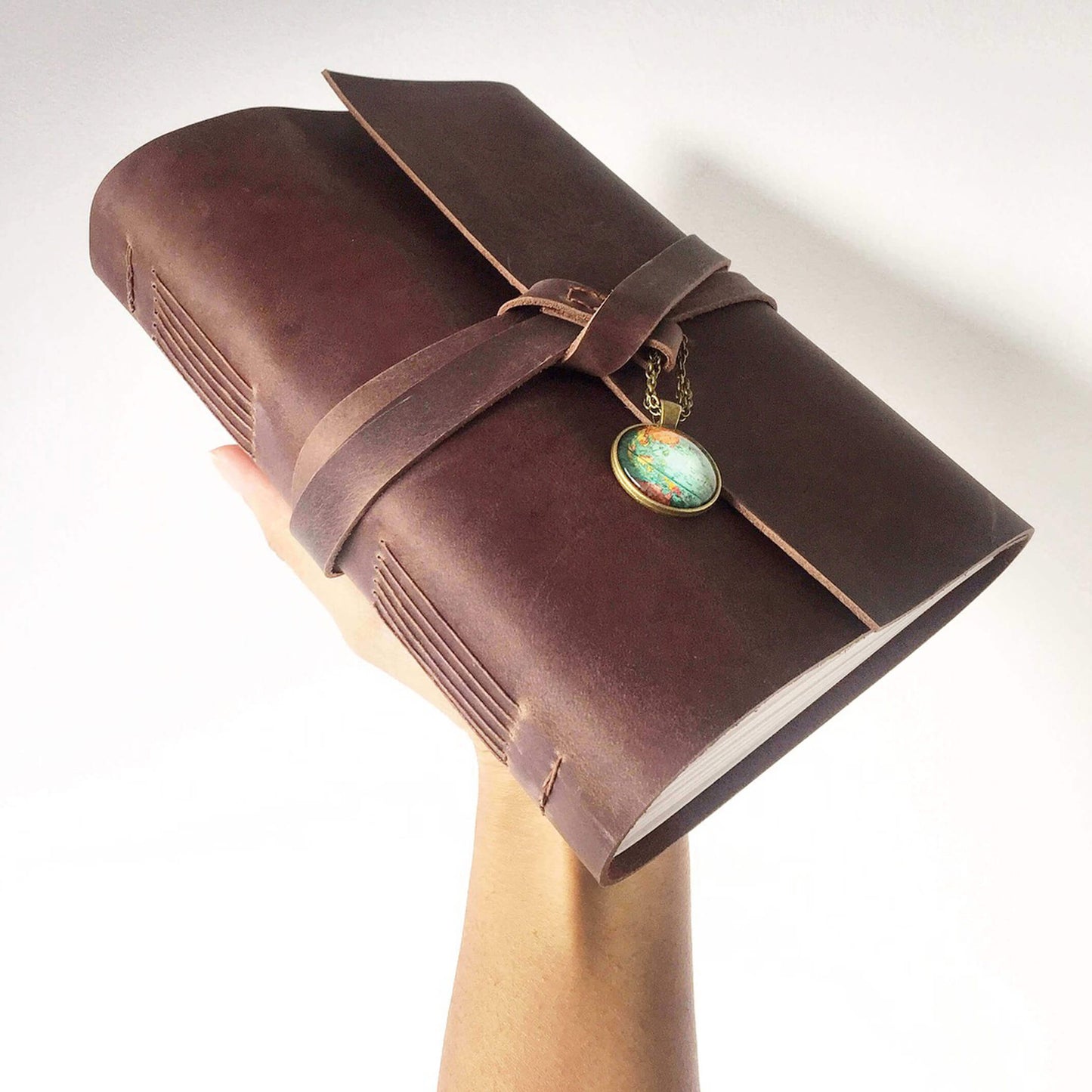 Leather Travel Journal With World Map Globe Charm