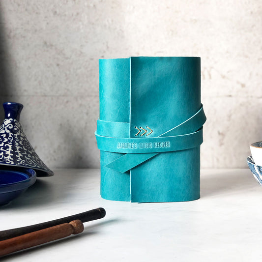 Turquoise blue recipe book personalised with embossed name