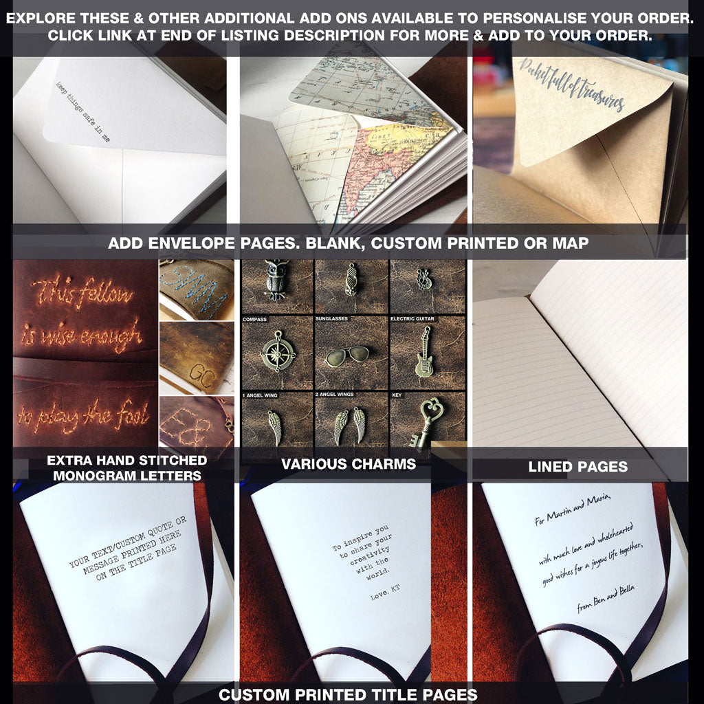 Chart showing Add ons available to personalise your leather journal