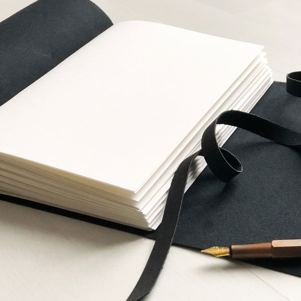 Inside view of black faux leather notebook