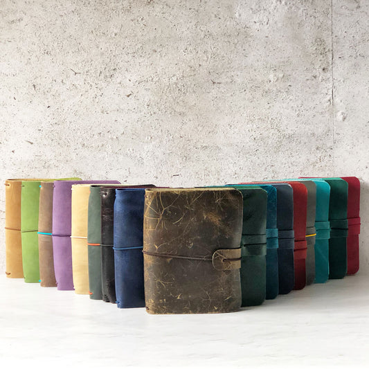 Selection of leather notebook covers in 17 different colours