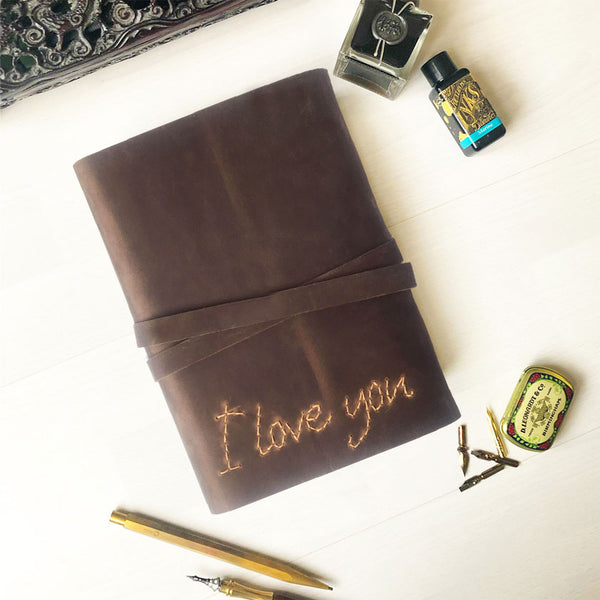 Leather anniversary gifts journal with hand stitched I Love You