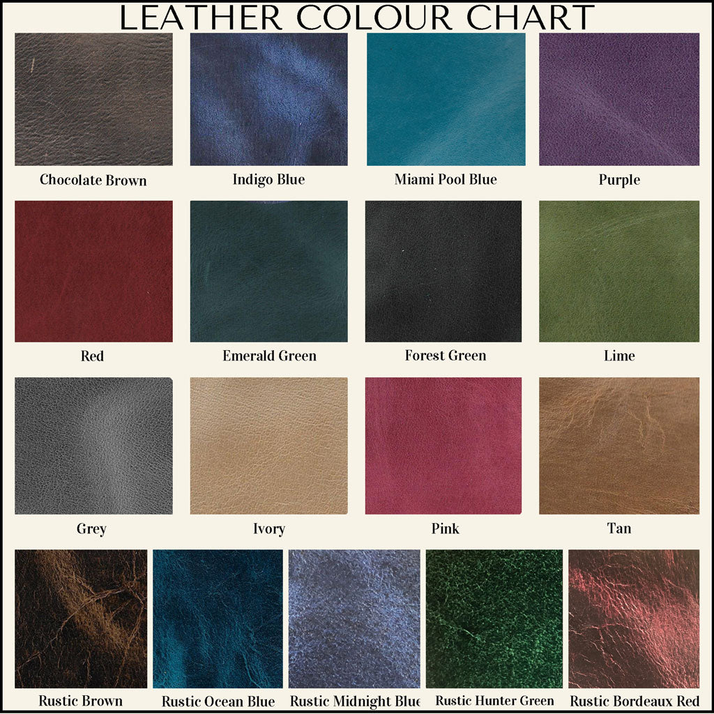 Leather color chart with various swatches labeled.
