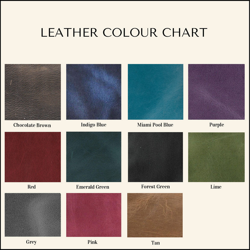 Leather color chart with various color swatches labeled.