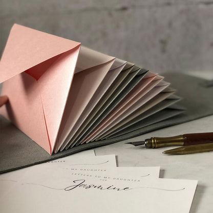 Personalised Leather Envelope Memory Book With Pearlescent Envelopes