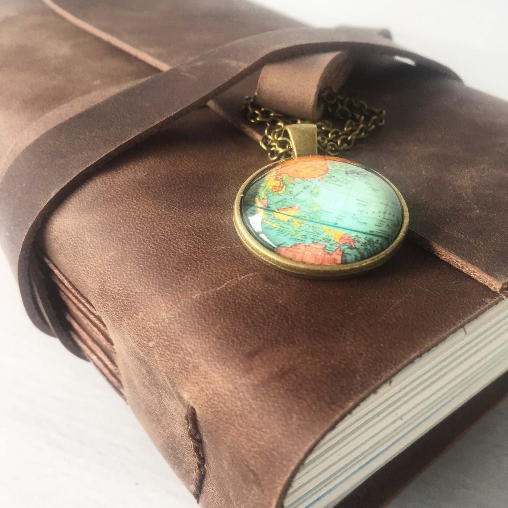 Leather Travel Journal With World Map Globe Charm
