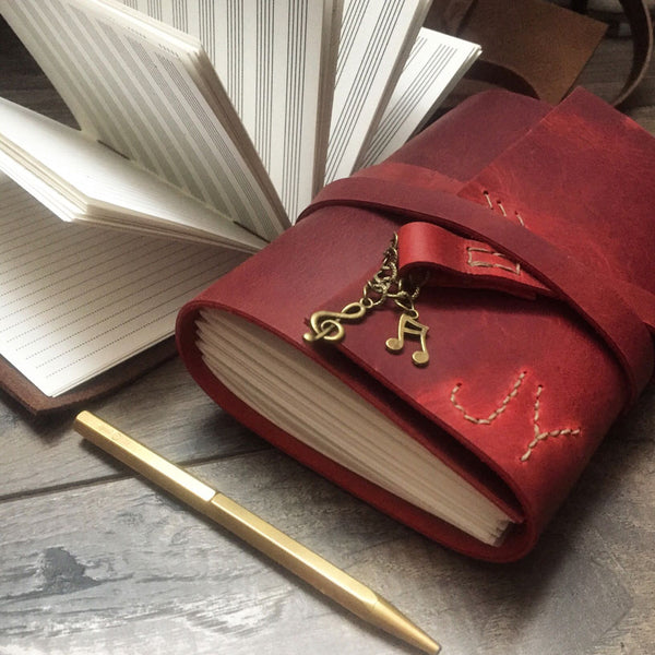 Personalised Red Leather Music composition notebook with musical notes charms