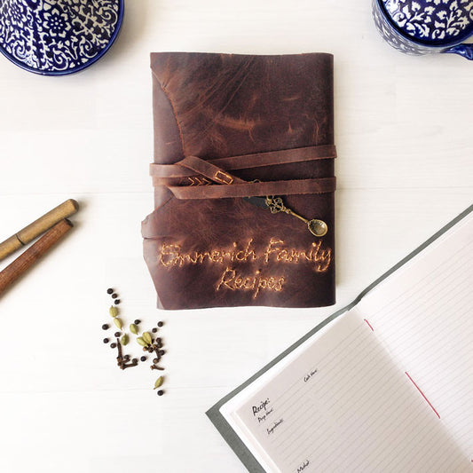 A5 custom recipe book with hand stitched family name, brown leather