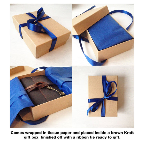 Kraft brown gift box add on, wrapping with blue tissue paper and ribbon tie, open and inside views