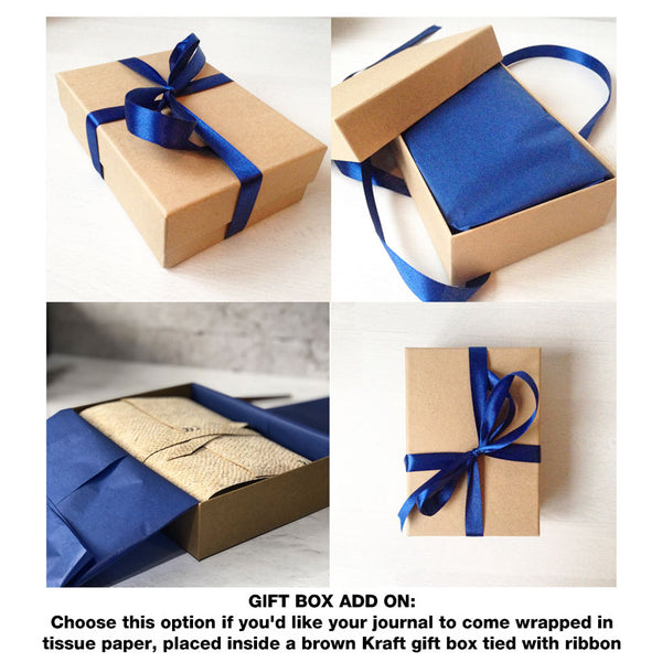 Kraft brown gift box add on, wrapping with blue tissue paper and ribbon tie, open and inside views