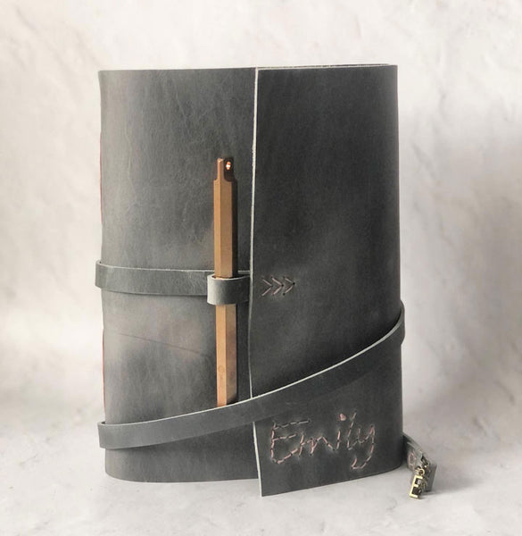 Grey personalised leather journal with hand stitched name in rose