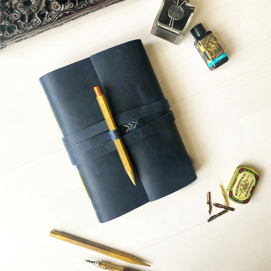 Indigo blue leather journal with pen loop
