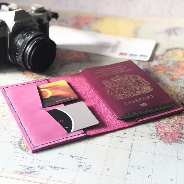 Personalised pink leather passport holder