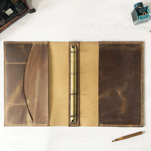 Brown leather ring binder open