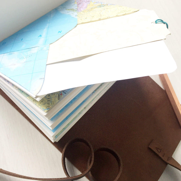 Travelers Notebook | World Map Envelope Pages | Brown Leather