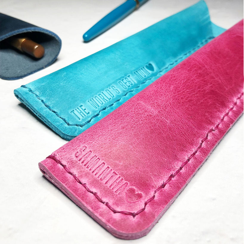 Leather Pen Sleeve With Embossed Letters - Small Font
