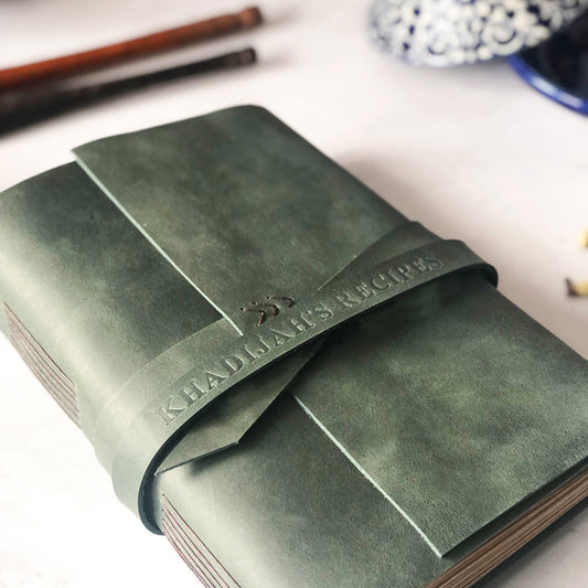 Personalised forest green leather recipe book embossed with name